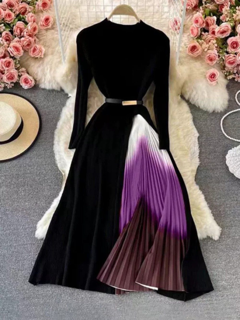 Elegant Slim Fit Mandarin Collar Gradient Belted Long Sleeve Dress